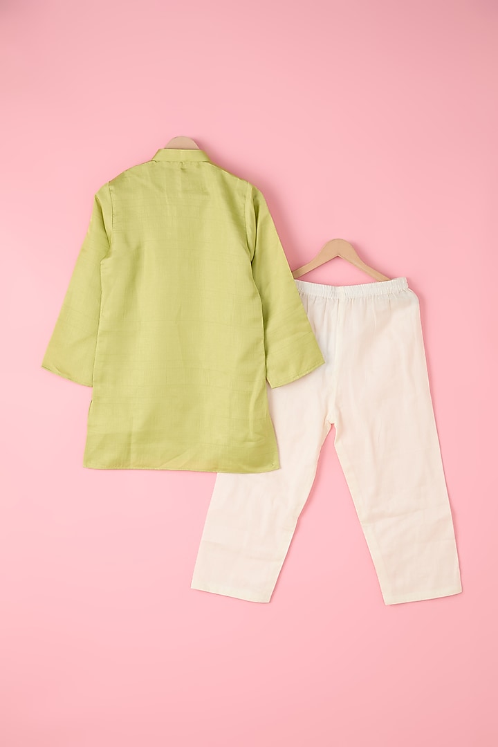 Green Silk Chanderi & Silk Floral Printed Jacket Set For Boys by Inspired Needleworks at Pernia's Pop Up Shop