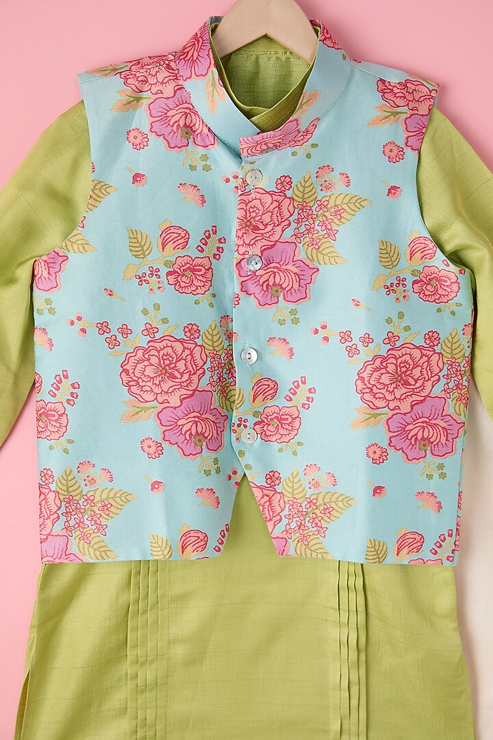 Green Silk Chanderi & Silk Floral Printed Jacket Set For Boys by Inspired Needleworks at Pernia's Pop Up Shop