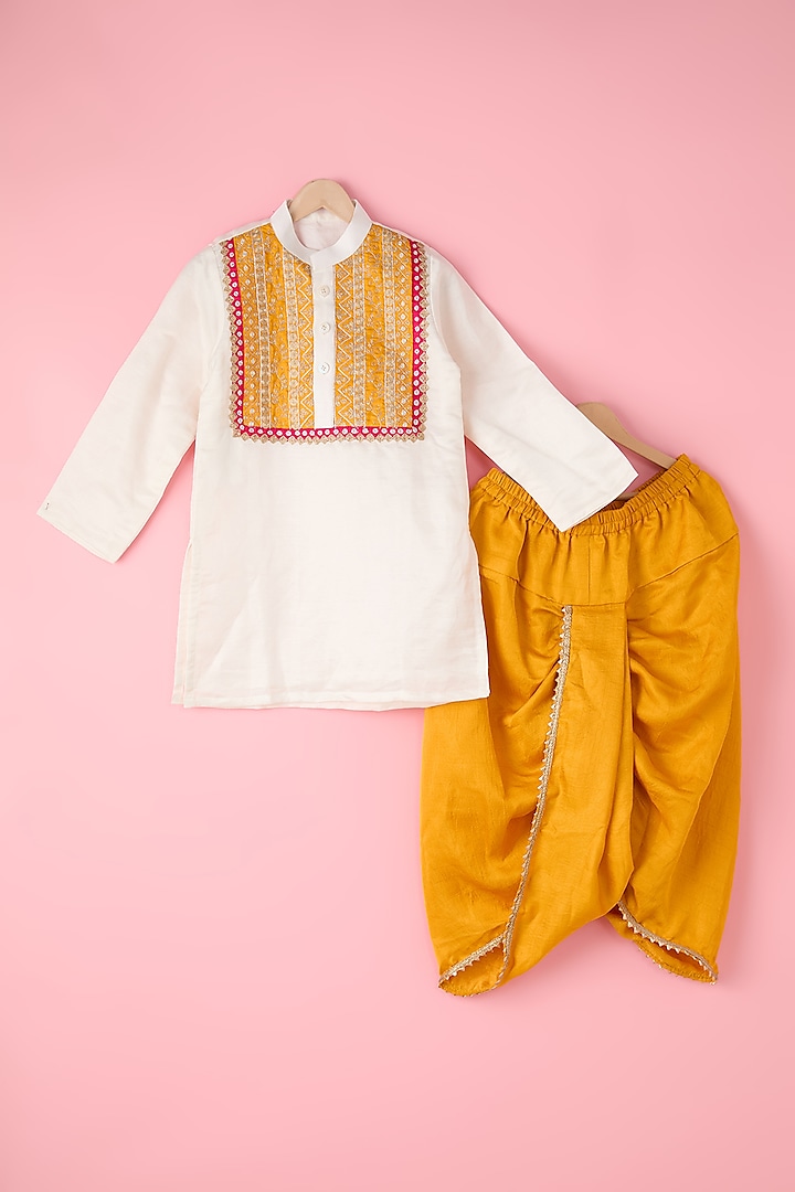 Yellow Silk Dhoti Set For Boys by Inspired Needleworks