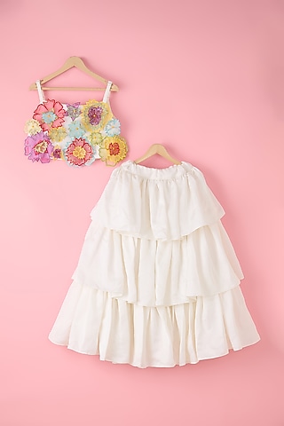 White Silk & Organza Skirt Set For Girls by Inspired Needleworks