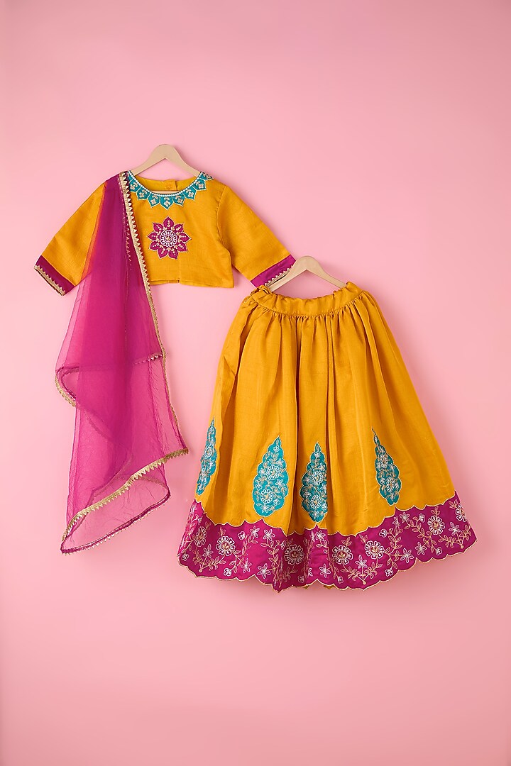 Yellow Silk Zari Embroidered Lehenga Set For Girls by Inspired Needleworks at Pernia's Pop Up Shop