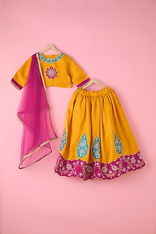 Yellow Silk Zari Embroidered Lehenga Set For Girls by Inspired Needleworks