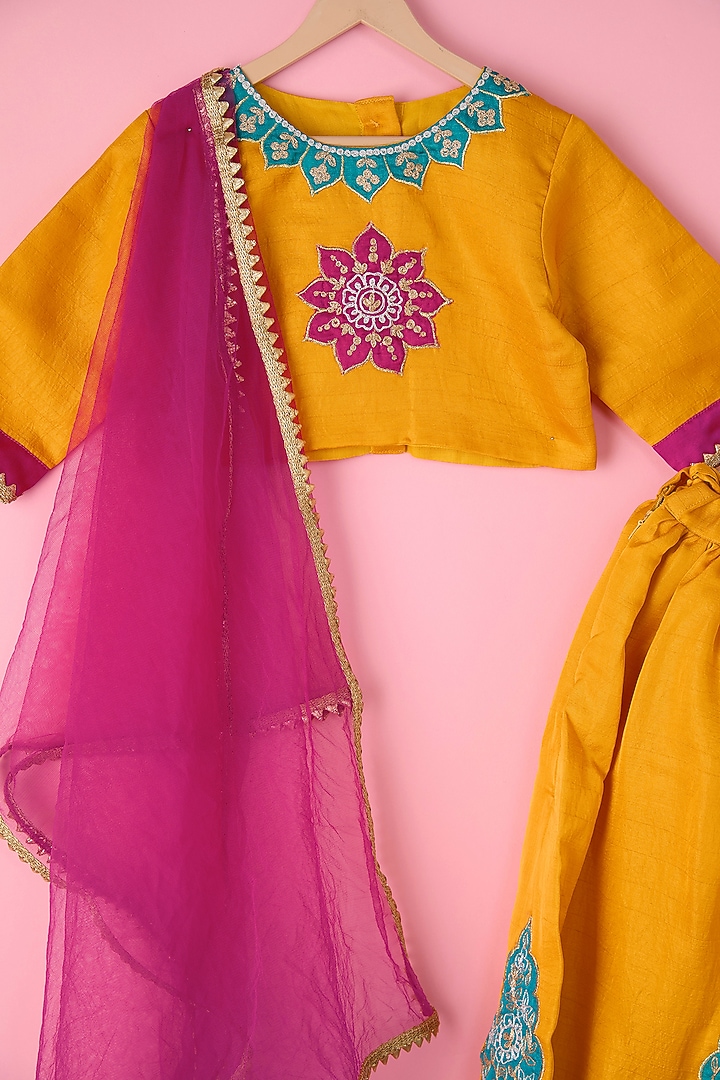 Yellow Silk Zari Embroidered Lehenga Set For Girls by Inspired Needleworks at Pernia's Pop Up Shop