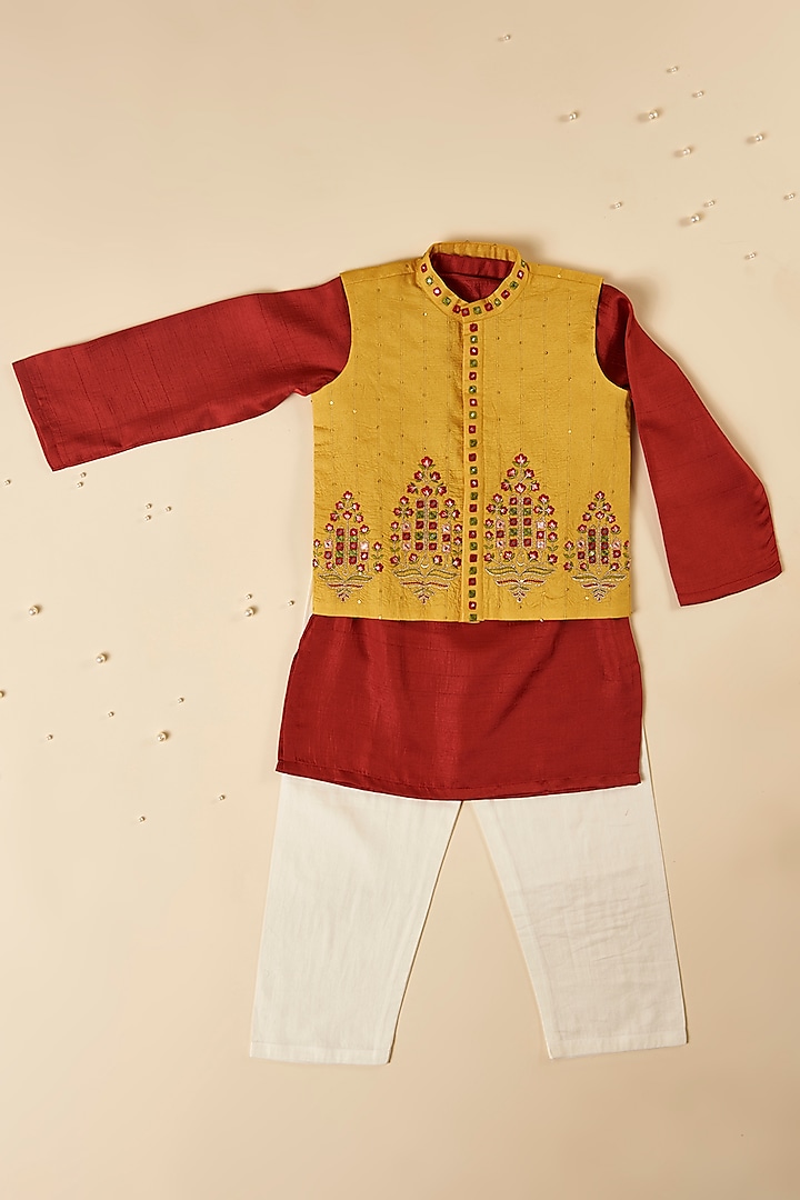 Yellow Silk & Cotton Silk Thread Embroidered Jacket Set For Boys by Inspired Needleworks