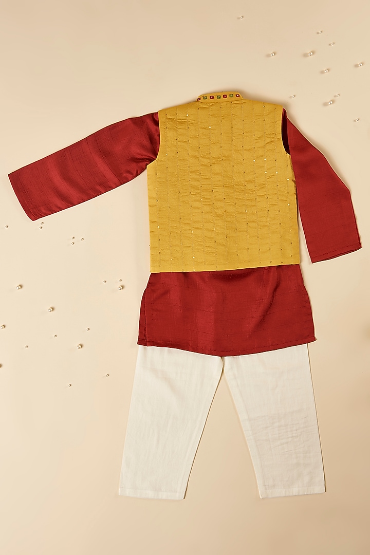 Yellow Silk & Cotton Silk Thread Embroidered Jacket Set For Boys by Inspired Needleworks at Pernia's Pop Up Shop