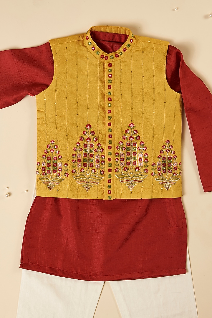 Yellow Silk & Cotton Silk Thread Embroidered Jacket Set For Boys by Inspired Needleworks at Pernia's Pop Up Shop