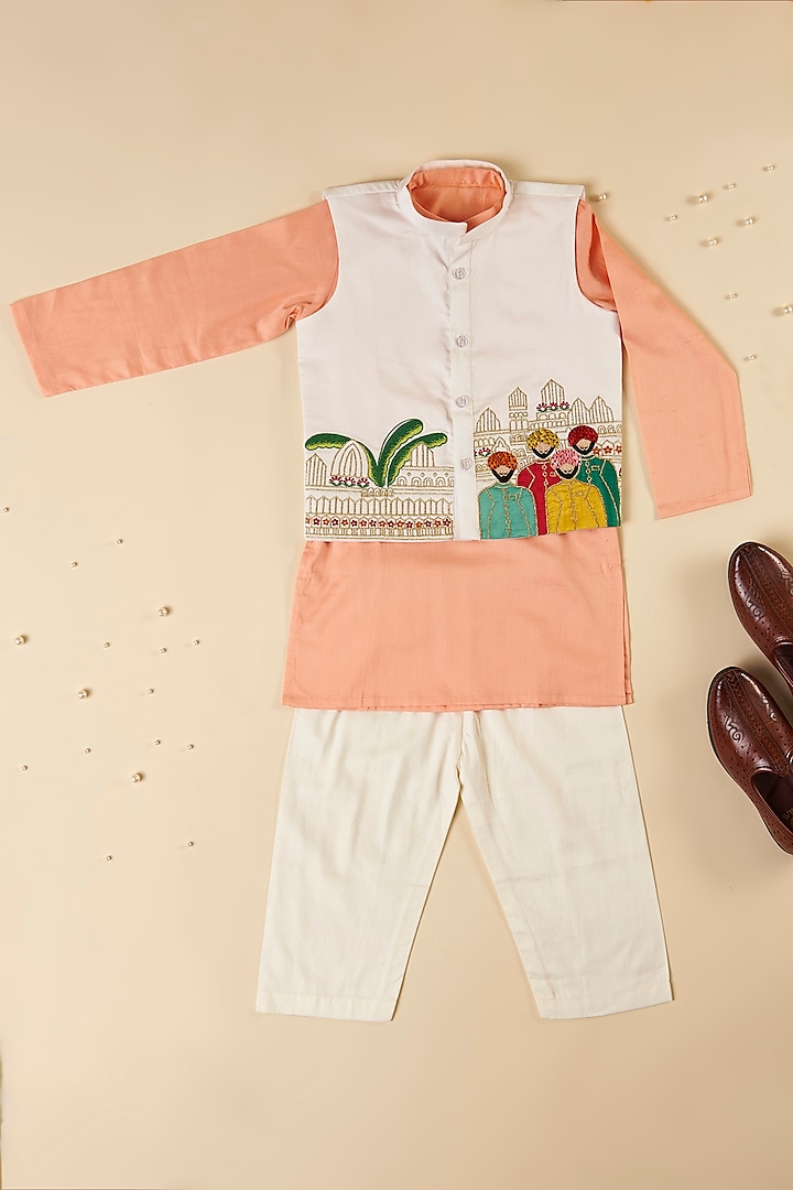 Off-White Cotton Silk Thread Embroidered Jacket Set For Boys by Inspired Needleworks