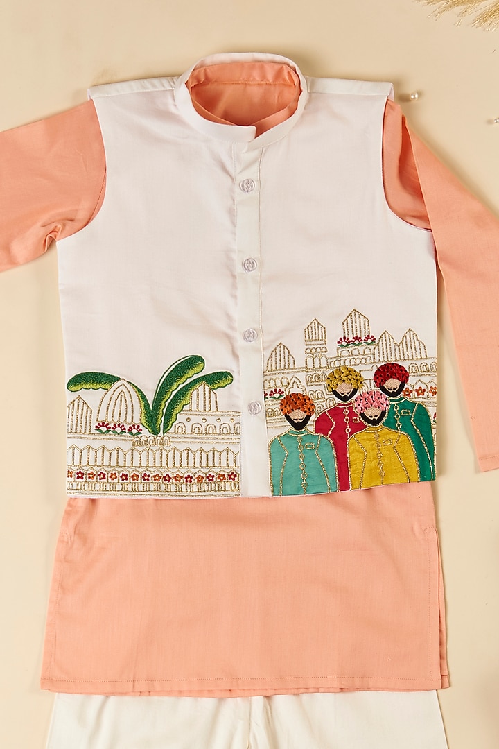 Off-White Cotton Silk Thread Embroidered Jacket Set For Boys by Inspired Needleworks at Pernia's Pop Up Shop