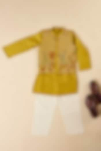 Mustard Yellow Silk & Cotton Silk Floral Thread Embroidered Jacket Set For Boys by Inspired Needleworks