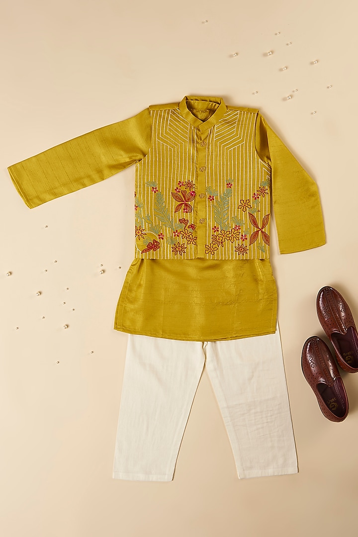 Mustard Yellow Silk & Cotton Silk Floral Thread Embroidered Jacket Set For Boys by Inspired Needleworks