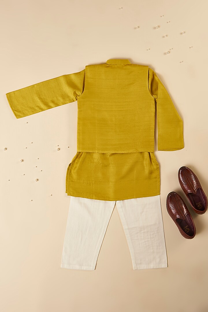 Mustard Yellow Silk & Cotton Silk Floral Thread Embroidered Jacket Set For Boys by Inspired Needleworks at Pernia's Pop Up Shop
