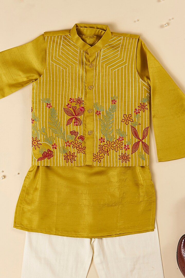 Mustard Yellow Silk & Cotton Silk Floral Thread Embroidered Jacket Set For Boys by Inspired Needleworks at Pernia's Pop Up Shop
