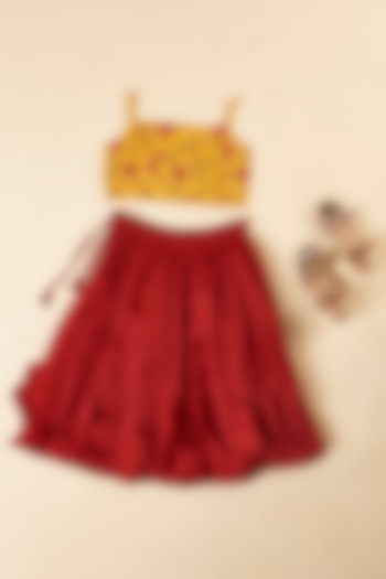 Maroon Silk Frilled Lehenga Set For Girls by Inspired Needleworks at Pernia's Pop Up Shop