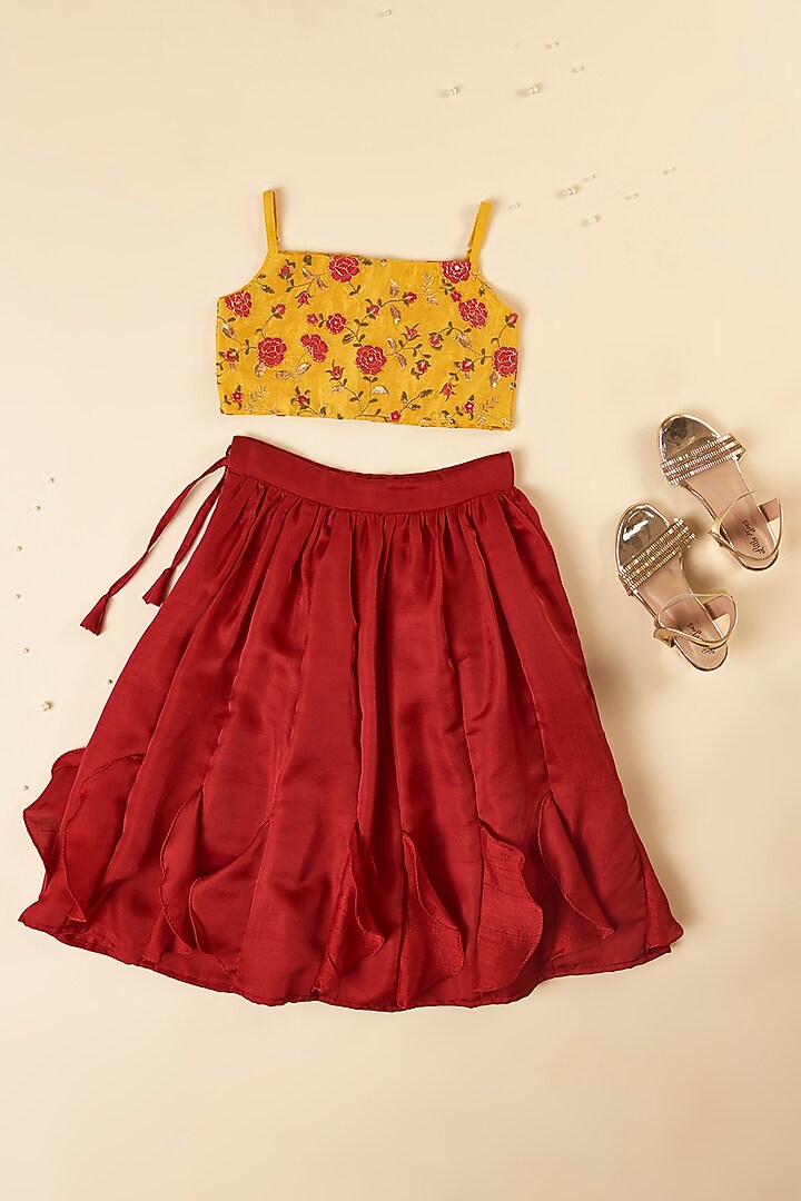 Maroon Silk Frilled Lehenga Set For Girls by Inspired Needleworks at Pernia's Pop Up Shop