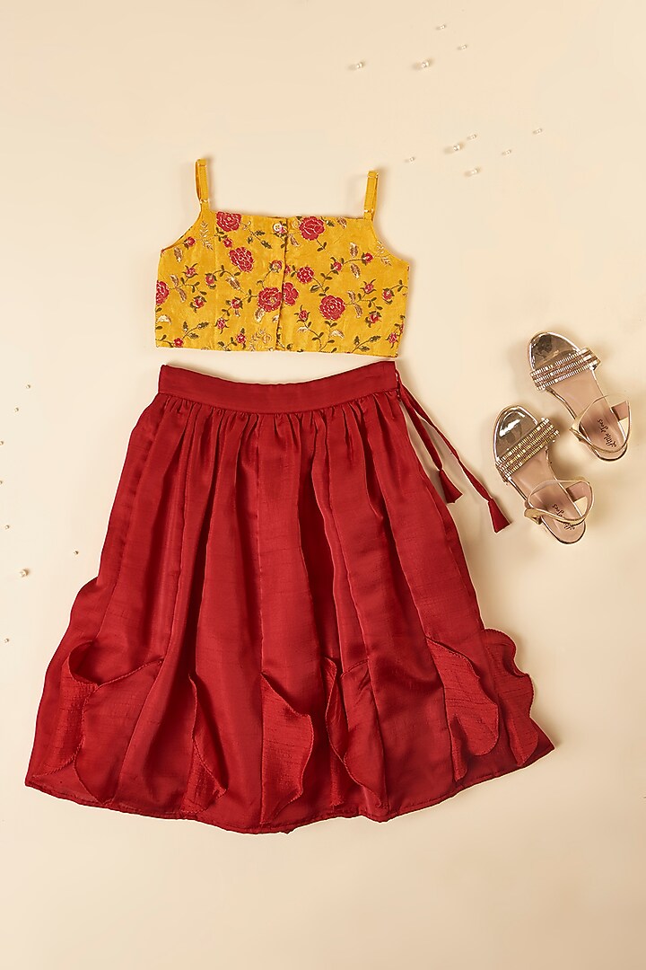 Maroon Silk Frilled Lehenga Set For Girls by Inspired Needleworks at Pernia's Pop Up Shop
