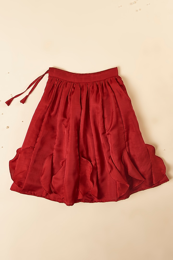 Maroon Silk Frilled Lehenga Set For Girls by Inspired Needleworks at Pernia's Pop Up Shop
