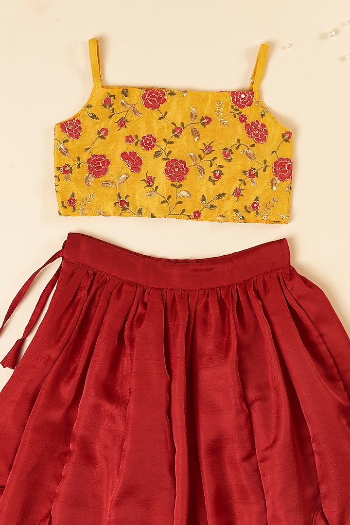Maroon Silk Frilled Lehenga Set For Girls by Inspired Needleworks at Pernia's Pop Up Shop