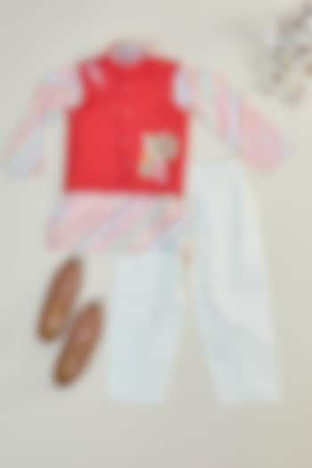 Red Silk Embroidered Bundi Jacket Set For Boys by Inspired Needleworks at Pernia's Pop Up Shop