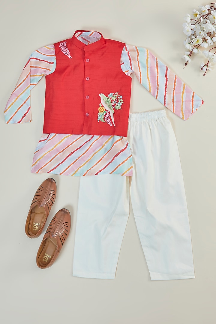 Red Silk Embroidered Bundi Jacket Set For Boys by Inspired Needleworks