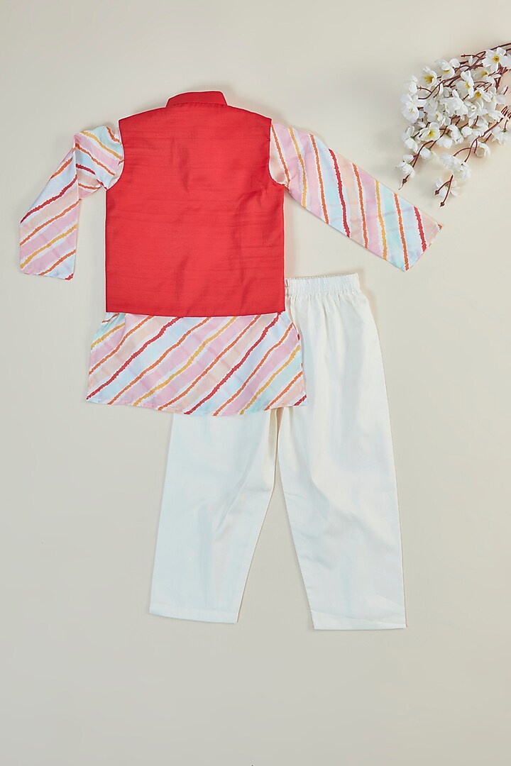 Red Silk Embroidered Bundi Jacket Set For Boys by Inspired Needleworks at Pernia's Pop Up Shop