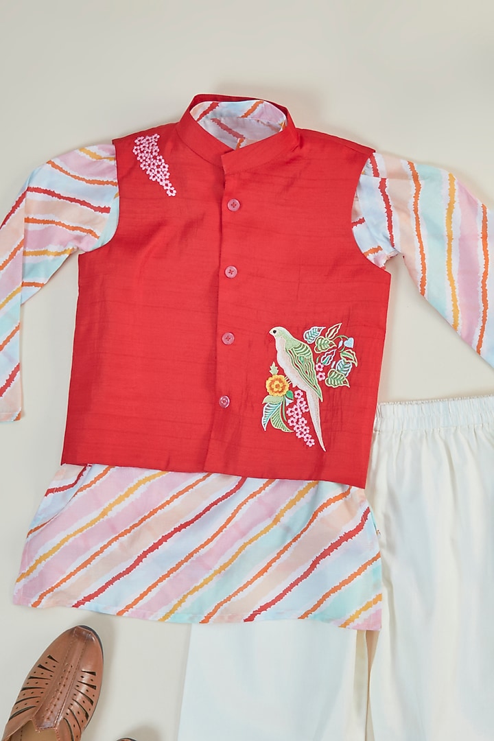 Red Silk Embroidered Bundi Jacket Set For Boys by Inspired Needleworks at Pernia's Pop Up Shop