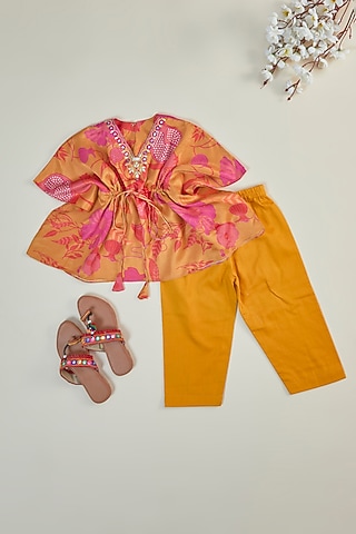 Orange Modal Satin & Cotton Silk Printed Kaftan Set For Girls by Inspired Needleworks