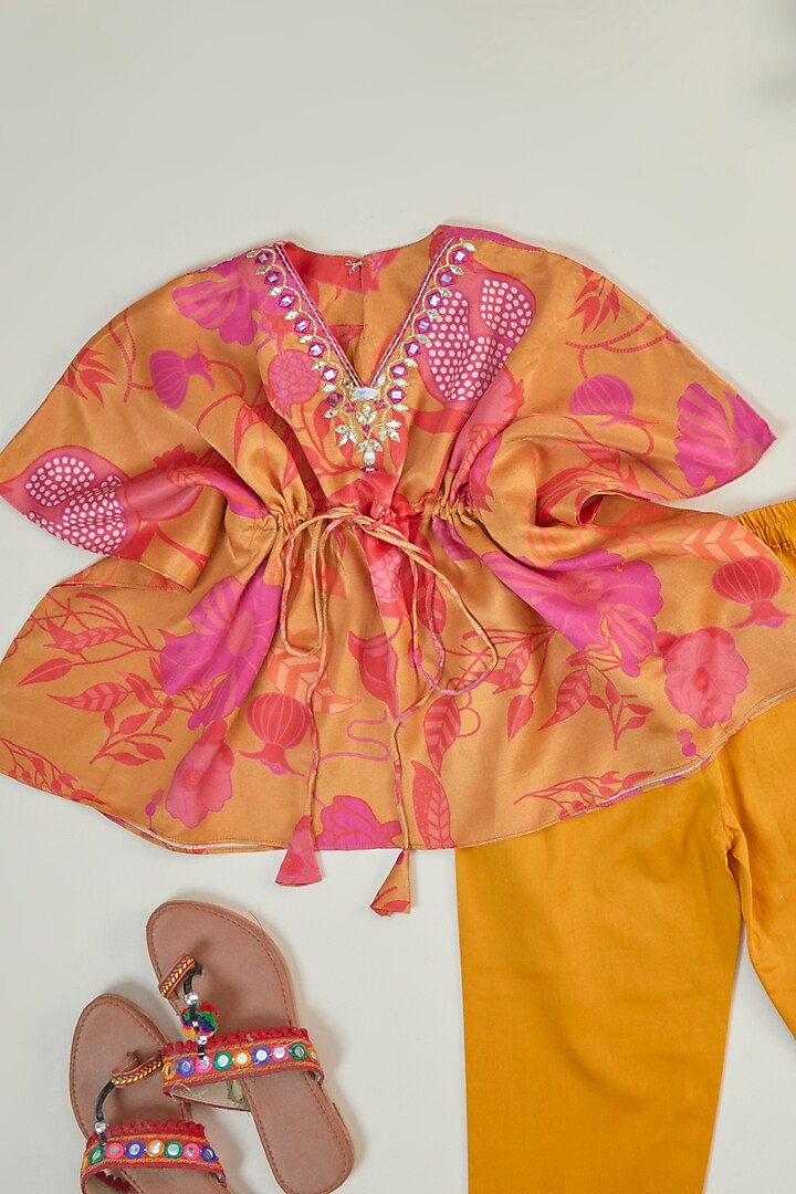 Orange Modal Satin & Cotton Silk Printed Kaftan Set For Girls by Inspired Needleworks at Pernia's Pop Up Shop