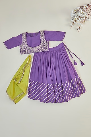 Purple Pure Cotton Sequins Embroidered Lehenga Set For Girls by Inspired Needleworks