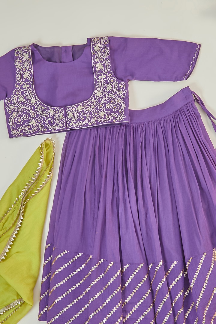 Purple Pure Cotton Sequins Embroidered Lehenga Set For Girls by Inspired Needleworks at Pernia's Pop Up Shop