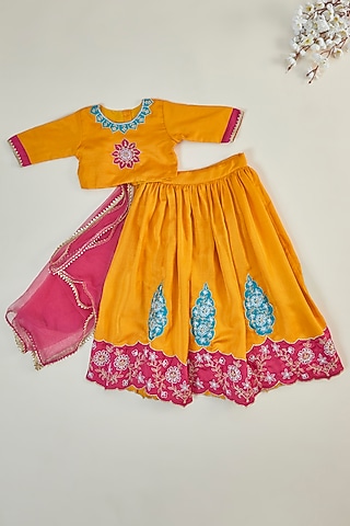 Yellow Silk Applique Embroidered Lehenga Set For Girls by Inspired Needleworks