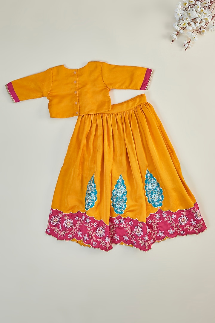 Yellow Silk Applique Embroidered Lehenga Set For Girls by Inspired Needleworks at Pernia's Pop Up Shop