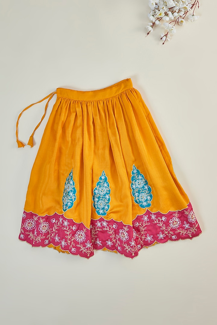 Yellow Silk Applique Embroidered Lehenga Set For Girls by Inspired Needleworks at Pernia's Pop Up Shop