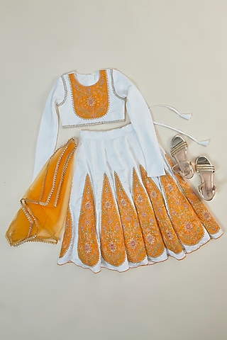Off-White & Yellow Silk Applique Embroidered Lehenga Set For Girls by Inspired Needleworks