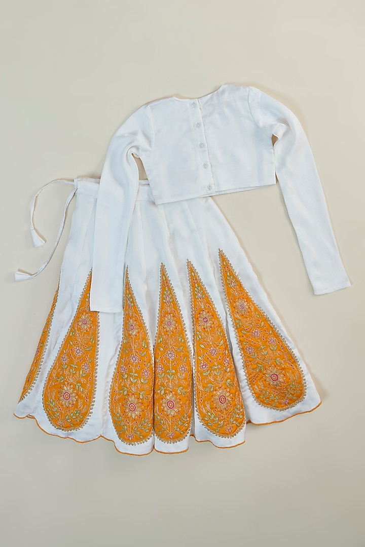 Off-White & Yellow Silk Applique Embroidered Lehenga Set For Girls by Inspired Needleworks at Pernia's Pop Up Shop
