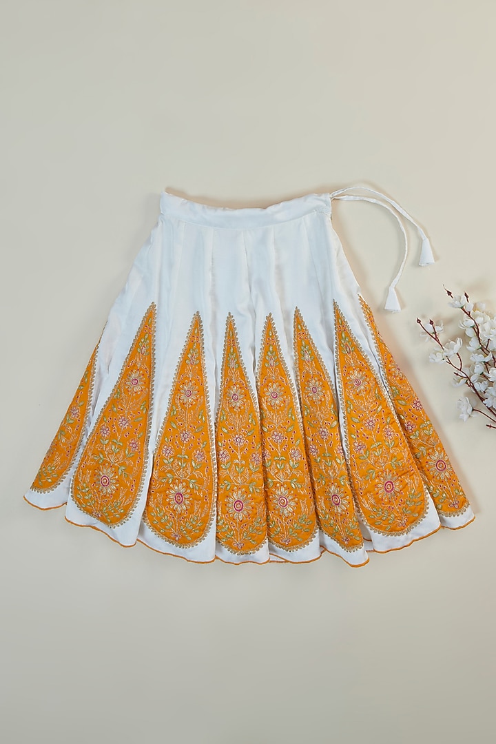Off-White & Yellow Silk Applique Embroidered Lehenga Set For Girls by Inspired Needleworks at Pernia's Pop Up Shop