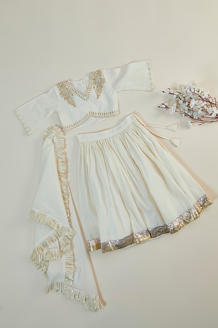 Off-White & Golden Zari Embroidered Lehenga Set For Girls by Inspired Needleworks at Pernia's Pop Up Shop