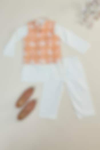 Orange & Off- White Rayon Printed Bundi Jacket Set For Boys by Inspired Needleworks