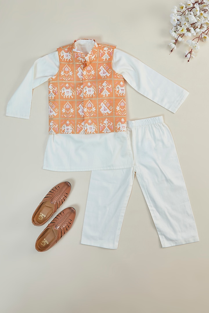 Orange & Off- White Rayon Printed Bundi Jacket Set For Boys by Inspired Needleworks