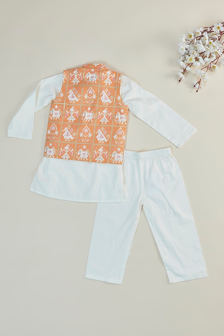 Orange & Off- White Rayon Printed Bundi Jacket Set For Boys by Inspired Needleworks at Pernia's Pop Up Shop