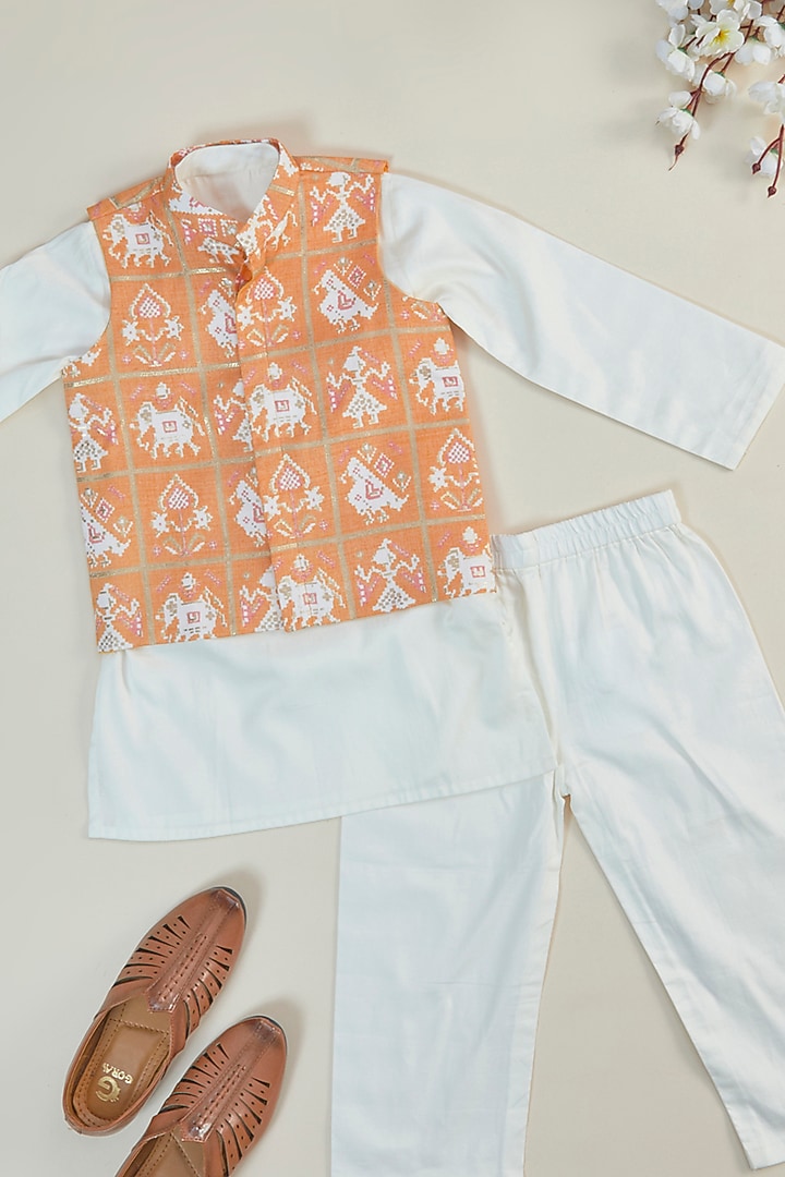 Orange & Off- White Rayon Printed Bundi Jacket Set For Boys by Inspired Needleworks at Pernia's Pop Up Shop