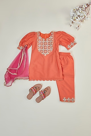 Orange Cotton Silk Mirror Embroidered Kurta Set For Girls by Inspired Needleworks