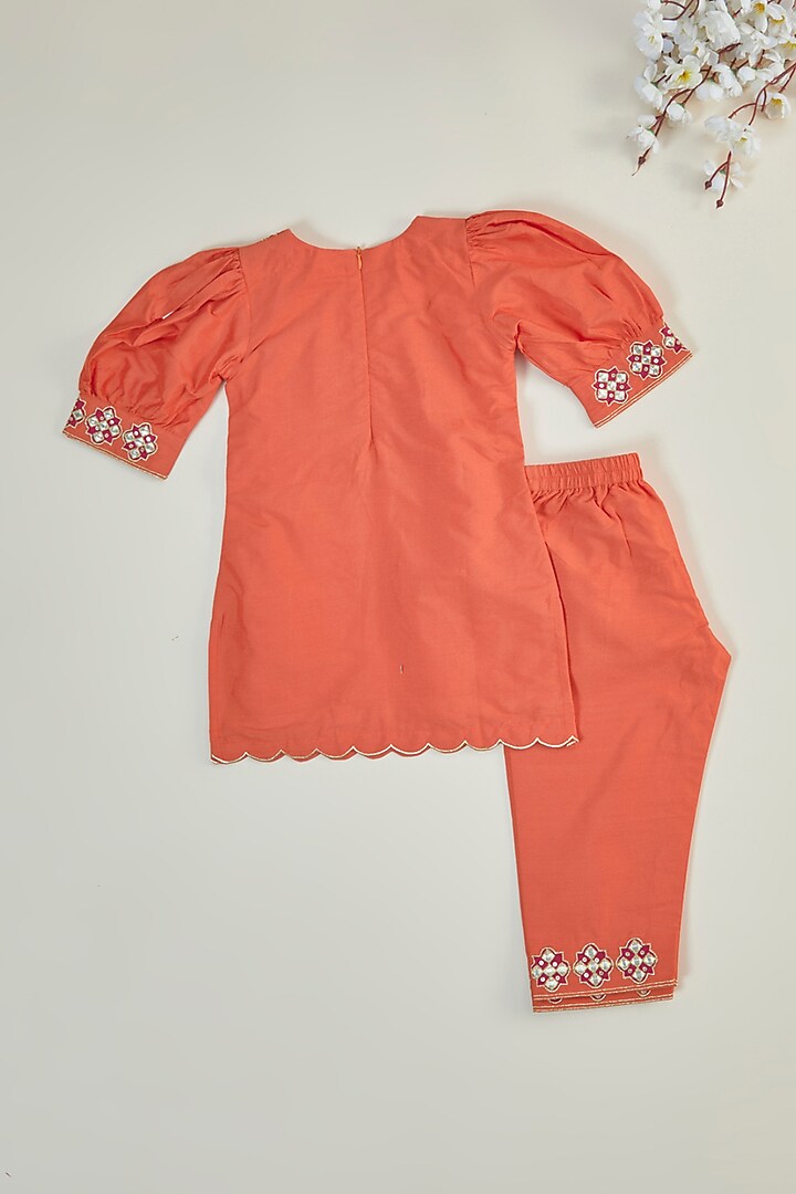Orange Cotton Silk Mirror Embroidered Kurta Set For Girls by Inspired Needleworks at Pernia's Pop Up Shop