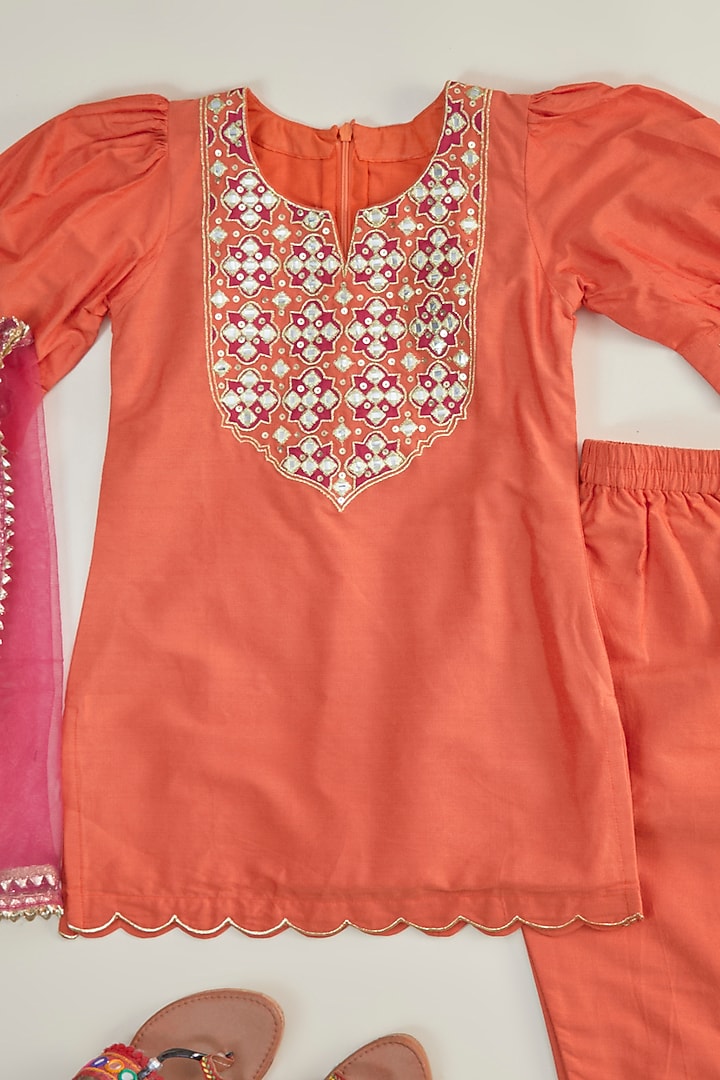 Orange Cotton Silk Mirror Embroidered Kurta Set For Girls by Inspired Needleworks at Pernia's Pop Up Shop