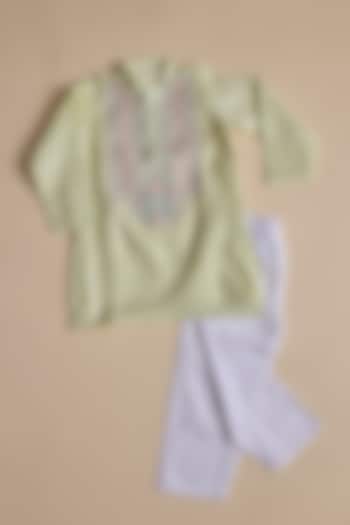 Lime Green Silk Abla Work Kurta Set For Boys by Inspired Needleworks at Pernia's Pop Up Shop