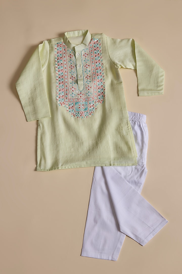 Lime Green Silk Abla Work Kurta Set For Boys by Inspired Needleworks at Pernia's Pop Up Shop