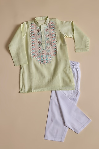 Lime Green Silk Abla Work Kurta Set For Boys by Inspired Needleworks