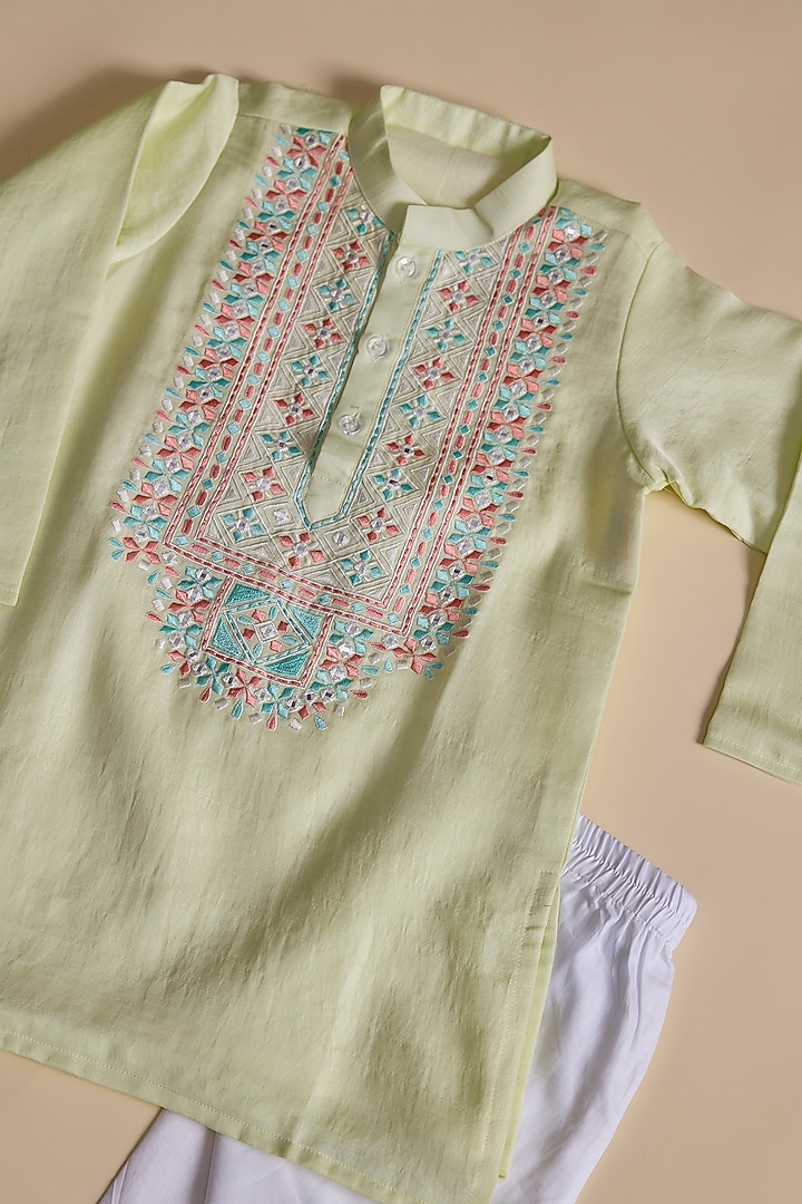 Lime Green Silk Abla Work Kurta Set For Boys by Inspired Needleworks at Pernia's Pop Up Shop