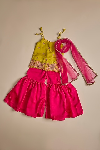 Pink Silk Zari Embroidered Sharara Set For Girls by Inspired Needleworks