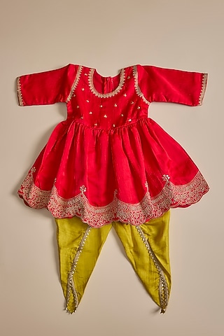 Yellow Silk Dhoti Pant Set For Girls by Inspired Needleworks
