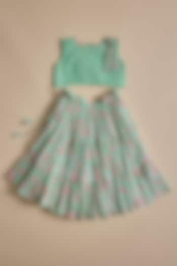 Light Green & Peach Mul Printed Tiered Lehenga Set For Girls by Inspired Needleworks at Pernia's Pop Up Shop